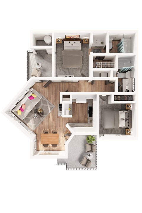 Floor plan for 2 beds, 2 baths, 1000 sqft